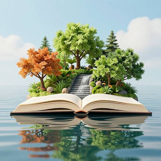 Digital illustration of an open book floating on water, transforming into a lush, green island with trees, a waterfall, and clear blue sky.