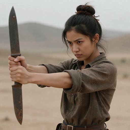 Determined Woman Holding Rusty Knife in Desert