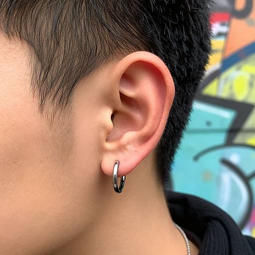 Close-up photograph of a young person's ear with a small, silver hoop earring, short black hair, and light skin. Background is blurred with