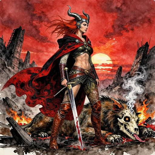 Digital fantasy artwork: fierce female warrior with red cape, horned helmet, and sword, standing over a burning, skull-headed monster at sunset.