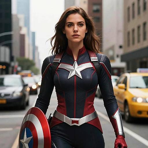 Photograph-style image of a determined woman in a Star-Spangled Man suit, holding Captain America's shield, walking through a busy city street with
