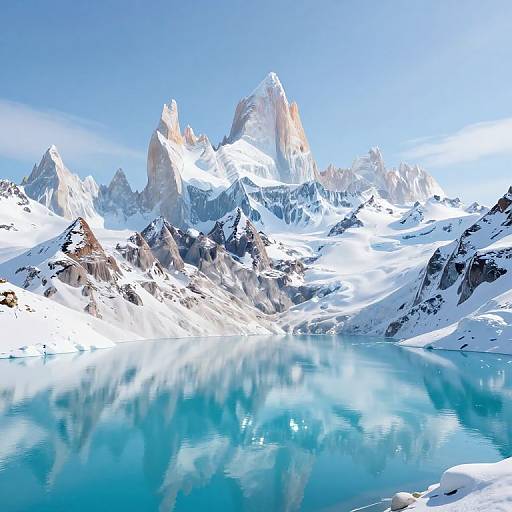 Photograph of a stunning, snow-covered mountain range with jagged peaks reflected in a calm, blue glacier lake under clear sky.