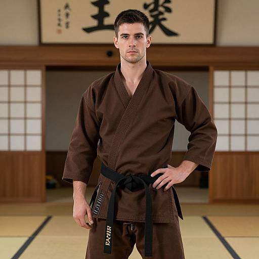 Photograph of a serious, muscular Caucasian man with short dark hair, wearing a brown judo gi and belt, standing in a traditional Japanese dojo with