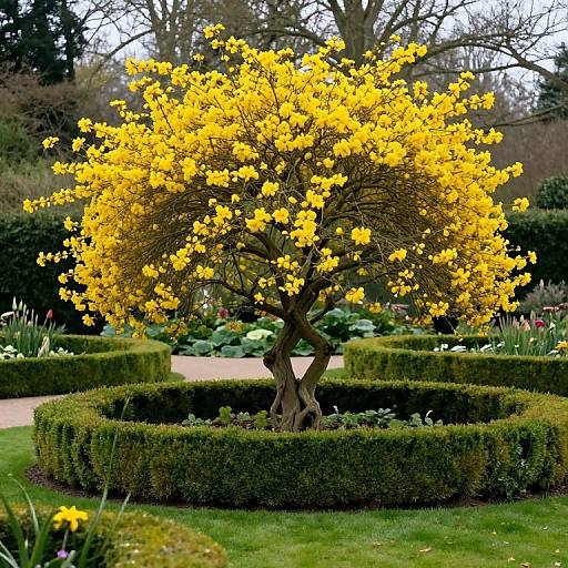 Photograph of a vibrant yellow-flowered tree centered in a meticulously trimmed circular hedge, surrounded by a lush garden with red tulips and green foliage.