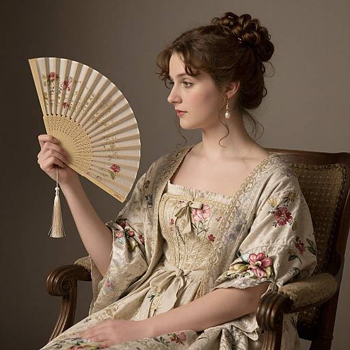 Photograph of a fair-skinned woman with brown hair in an updo, wearing a floral silk kimono, holding an ornate folding fan,