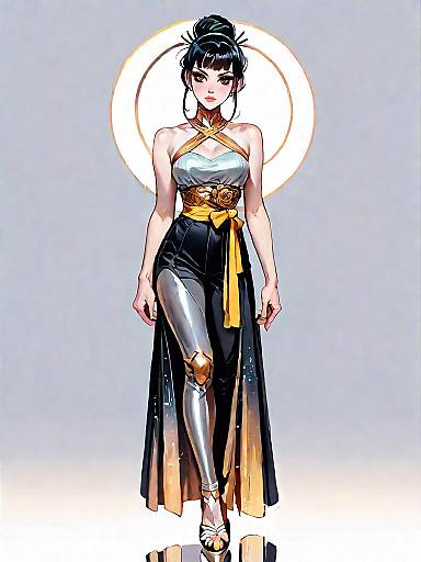 Stylish Woman in Metallic Gold and Black Outfit