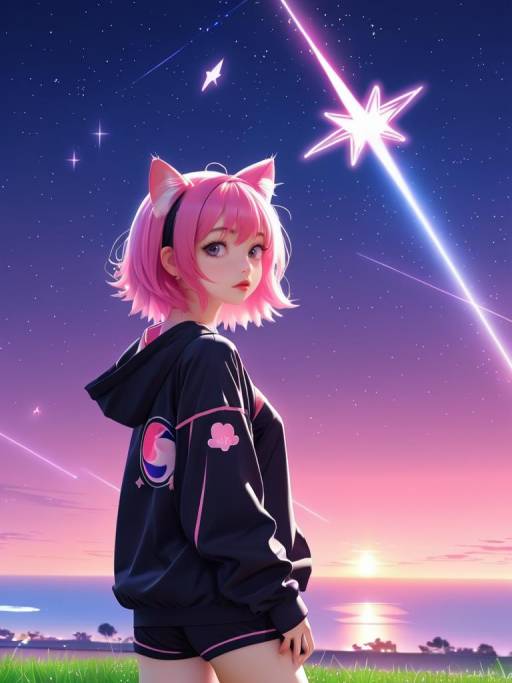 Anime Girl with Pink Hair and Cat Ears at Sunset