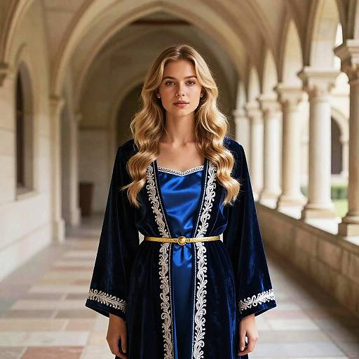 Young Woman in Velvet Robe Corridor