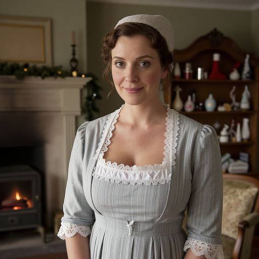 Photograph of a fair-skinned woman with dark brown hair in a white lace headscarf and blue-gray Victorian dress, standing in a warmly lit
