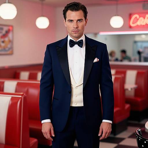 Photograph of a handsome, dark-haired man in a black tuxedo with bow tie, white shirt, and pocket square, standing in a retro