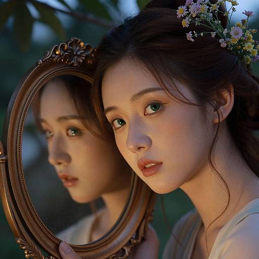 Photograph of an Asian woman with fair skin, green eyes, and brown hair adorned with small flowers, gazing into an ornate, vintage mirror