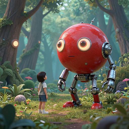 CGI image of a curious young girl in a forest, facing a shiny red, spherical robot with large eyes and metallic limbs.