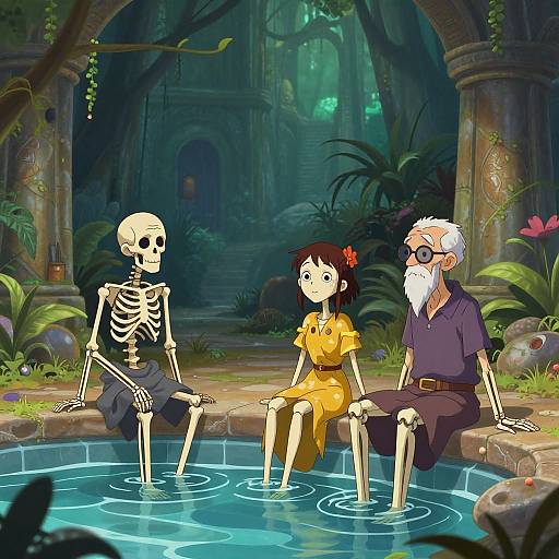 Digital cartoon of an old man, a girl in an orange dress, and a skeleton sitting in a jungle pool. Archways and lush plants in the