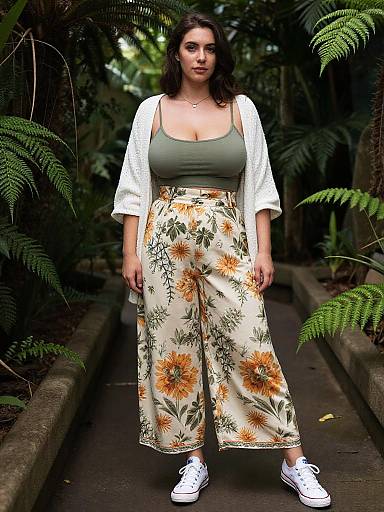 Photograph of a curvy woman with medium skin tone and dark wavy hair, wearing a green tank top, white cardigan, floral pants,