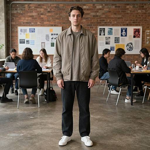 Photograph of a young, white man with curly brown hair, wearing a beige jacket, black pants, and white sneakers, standing in a modern,