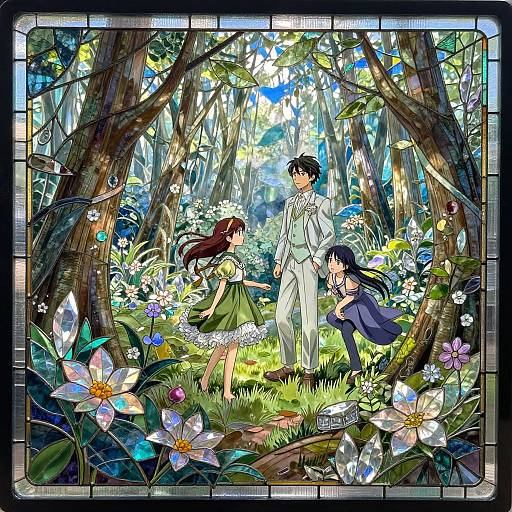 Stained glass-style digital drawing of three anime girls in a sunlit forest, surrounded by vibrant flowers and tall trees.