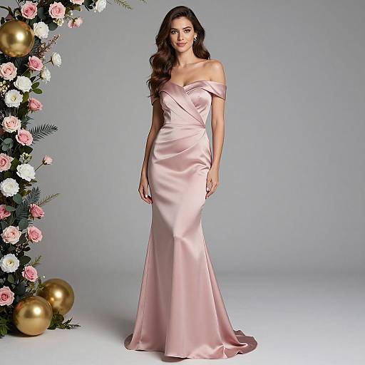 Woman in Pink Satin Off-Shoulder Gown with Floral Decoration