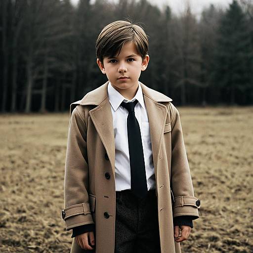 Young Boy in Formal Trench Coat and Necktie
