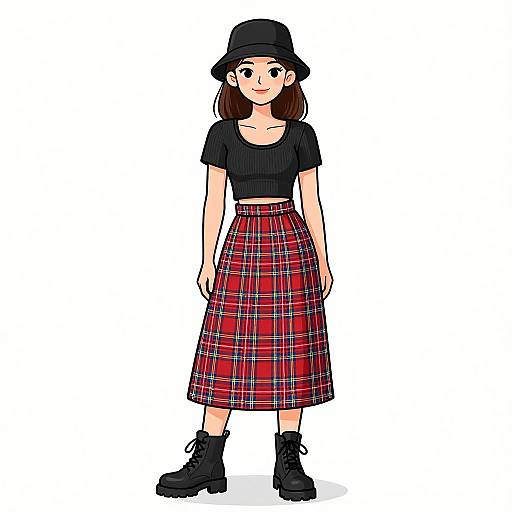 Digital illustration of a young woman with fair skin, brown hair, wearing a black crop top, red plaid skirt, black bucket hat, black ankle