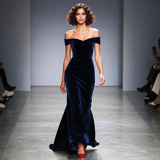 Model Walking in Navy Velvet Gown on Runway