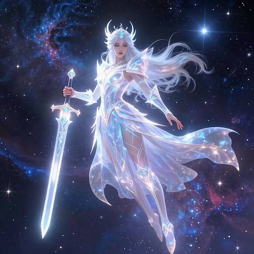 Digital art of a glowing white-haired woman with horns, wearing a translucent, star-patterned dress, floating in space, holding a radiant, glowing sword