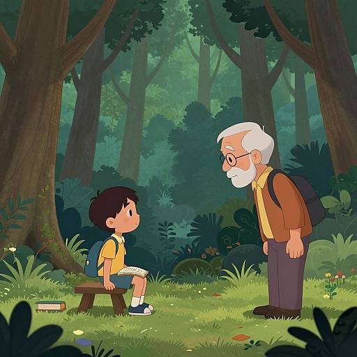 Digital illustration of an elderly man with glasses and white beard, in a brown jacket, standing in a forest, talking to a young boy in a yellow