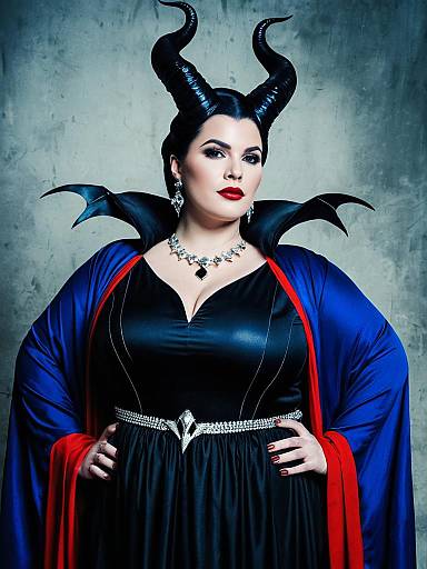 Digital portrait of a voluptuous woman with black horns, red lips, and blue cape over black dress, wearing a diamond necklace and earrings. Textured