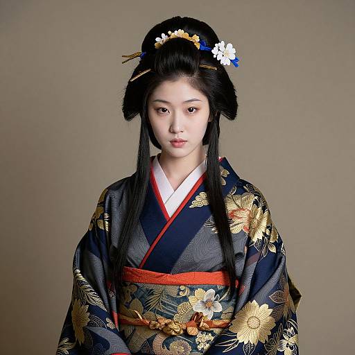 Photograph of an East Asian woman in a traditional black floral kimono with gold patterns, red obi, and white floral hairpiece, against a