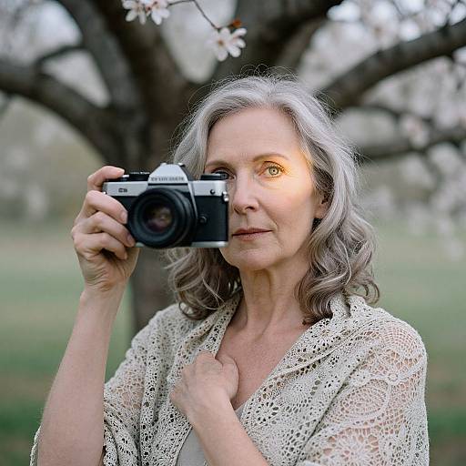 Photograph of middle-aged woman with gray hair, wearing a white lace top, holding a camera, outdoors against a blurred tree and grass background. Soft