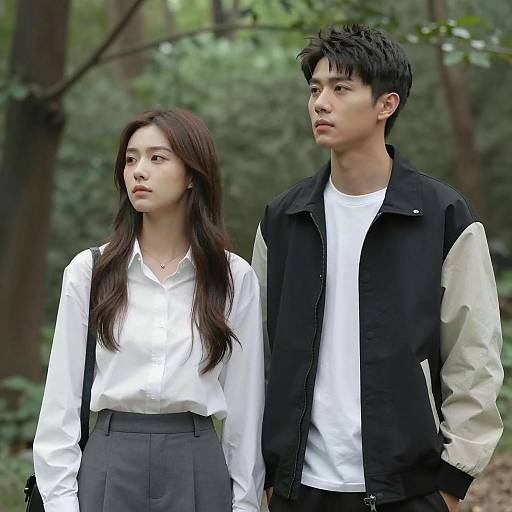 Two young adults standing in forest