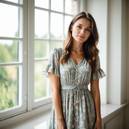 Young Woman in Floral Summer Dress by Window