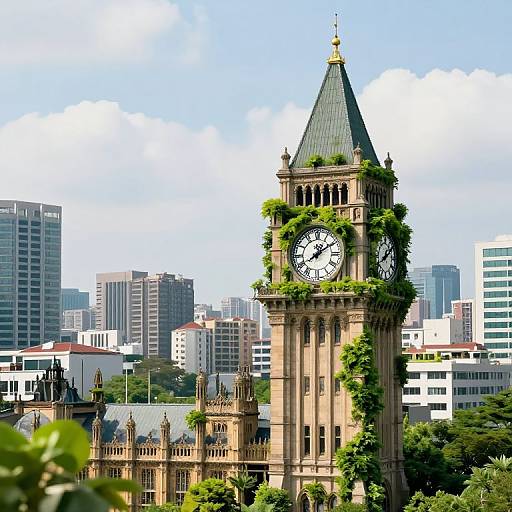 Photograph of a clock tower with climbing green vines, surrounded by modern skyscrapers, against a clear blue sky. Urban contrast.