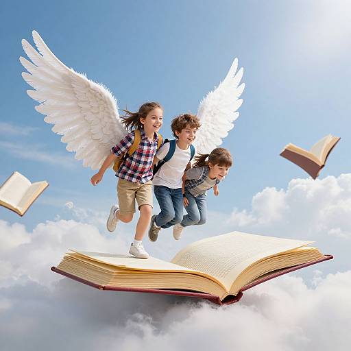Photograph of three children with white angel wings, wearing casual clothes, joyfully jumping on a floating, open book against a bright blue sky with clouds