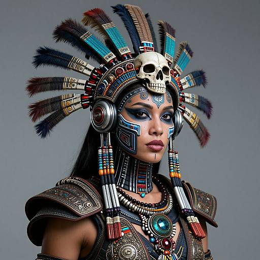 Photograph of a Native American woman with dark hair, adorned in elaborate, colorful headdress and armor, featuring feathers, skull, and intricate beadwork