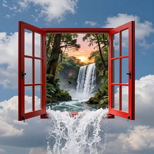 Photorealistic digital artwork: Red-framed open window reveals a lush waterfall scene with a sunset, surrounded by clouds, and water splashing below.