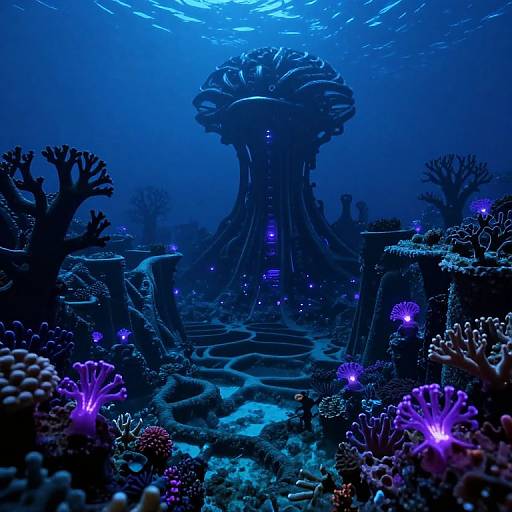 Photograph of an underwater scene with a glowing blue, alien-like structure amidst vibrant purple and blue corals, illuminated by bioluminescent lights,