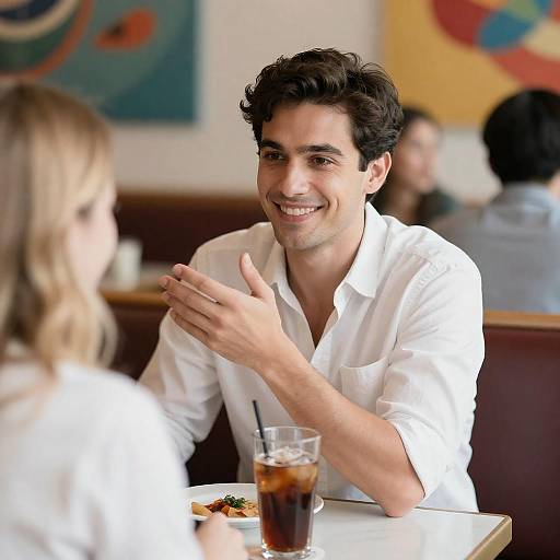Man Smiling and Talking at Restaurant