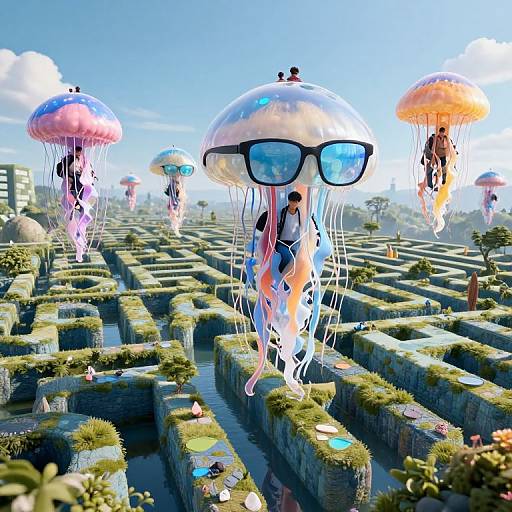 Digital artwork of people in oversized sunglasses and jellyfish-like balloons floating over a lush, futuristic maze cityscape. Vibrant colors, clear blue sky,