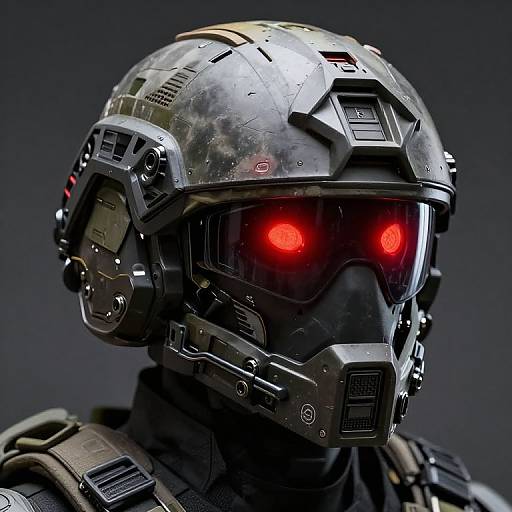 Photorealistic CGI of a futuristic soldier with a metallic, weathered helmet, glowing red eyes, and advanced visor, against a dark background.