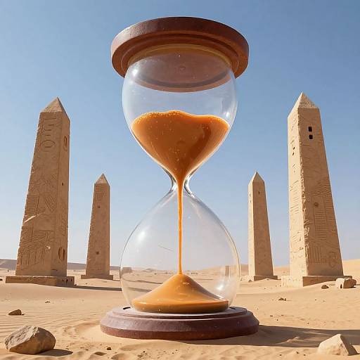Photorealistic CGI of an hourglass with sand flowing, set in an Egyptian desert with four ancient, pyramid-shaped obelisks.