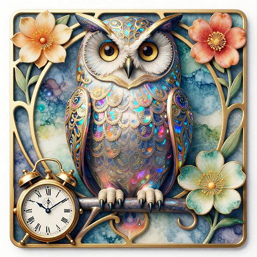 Electric Art Nouveau Owl with Clock