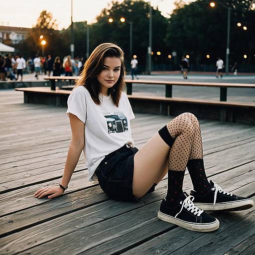 Young Woman in Casual Teen Fashion Sitting on Boardwalk