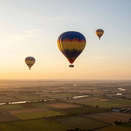 Photograph of three colorful hot air balloons floating over a patchwork farmland at sunrise, with a serene river winding through fields.