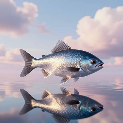 Photorealistic image of a shiny blue fish with reflective scales, floating in calm water, mirrored below; soft pink and blue sky background with fluffy clouds