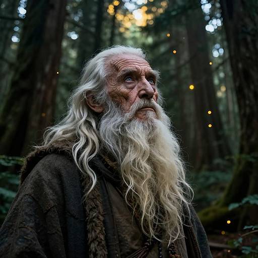 Photograph of an elderly, white-haired man with a long, flowing white beard, wearing a dark, fur-collared cloak, standing in a