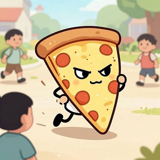 Cartoon slice of pizza with angry eyes and small arms running in a sunny park, children in background, vibrant colors, digital art.