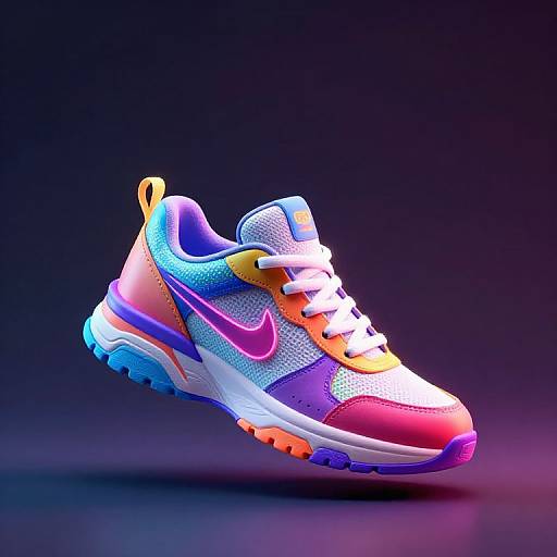 Bright, neon-colored athletic shoe with white, purple, orange, and pink accents; white laces, yellow heel tab, blue midsole, and