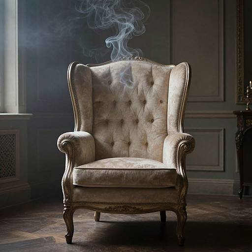Photograph of a vintage, tufted armchair with smoke rising from it, set against a dimly lit, elegant room with wooden floors and