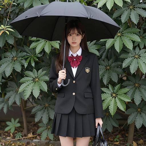 Asian Student Girl with Umbrella in School Uniform