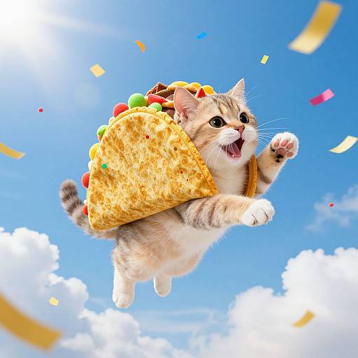 Photorealistic CGI of a joyful, gray tabby kitten mid-jump, wearing a taco filled with colorful toppings, against a bright blue sky with